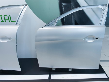ThyssenKrupp Steel Europe displaying car door with new zinc-magnesium coating at EuroBlech: ZM EcoProtect and ZM PrimeProtect offer highly effective all-round corrosion protection for the car body