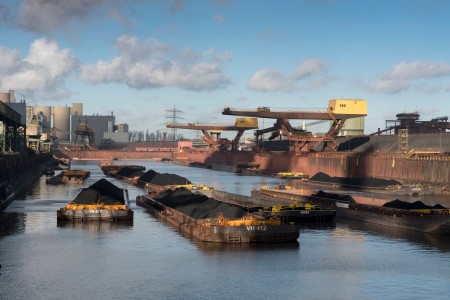 Barges in the Schwelgern harbor in Duisburg. 