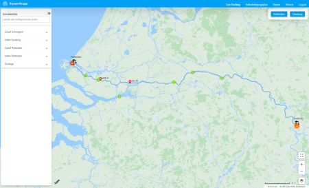 The app features a digital map displaying all barges on the Rhine. HERE Technologies is providing the map data. 