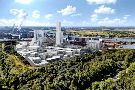 Rendering of the direct reduction plant at thyssenkrupp Steel in Duisburg: The revised funding decision provides a reliable foundation for the continued implementation of the tkH2Steel decarbonization project. 