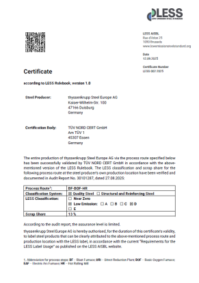 LESS (Low Emission Steel Standard) certificte for CO2-reduced steel