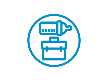 Blue icon showing a baby bottle above a briefcase – symbolizing the balance between family and career. Blue icon showing a baby bottle above a briefcase – symbolizing the balance between family and career.
