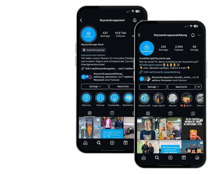 Two smartphones displaying the Instagram profiles of thyssenkrupp Steel and thyssenkrupp Ausbildung. Two smartphones displaying the Instagram profiles of thyssenkrupp Steel and thyssenkrupp Ausbildung.