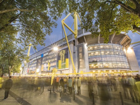 Signal Iduna Park in Dortmund with its iconic yellow pylons – Germany’s largest football stadium.