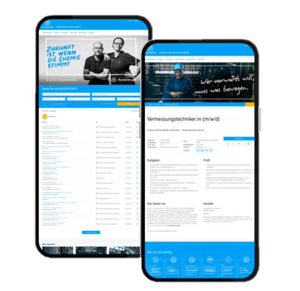 Two smartphones with thyssenkrupp Steel websites – one showing the job portal with a list of job vacancies and one showing a job advertisement. Two smartphones with thyssenkrupp Steel websites – one showing the job portal with a list of job vacancies and one showing a job advertisement.